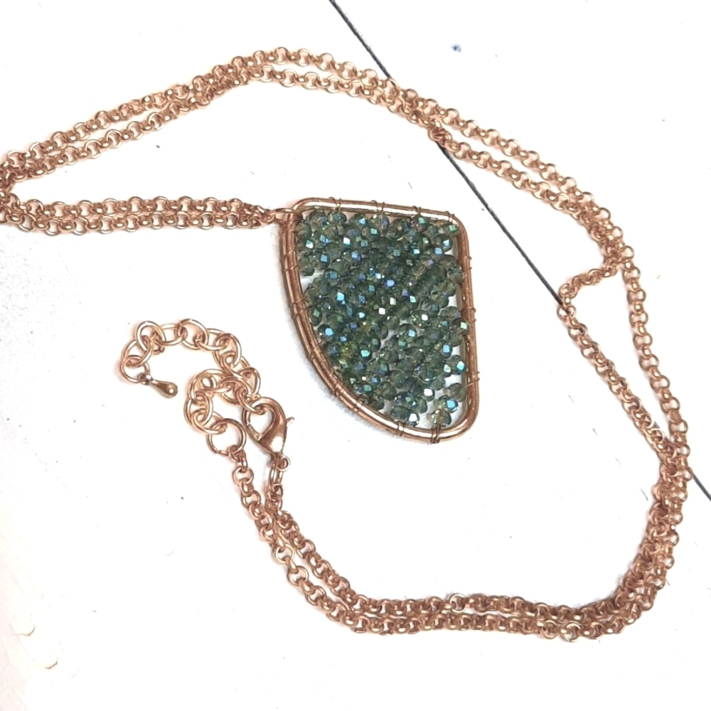 LONG blue crystal large pendant on gold  necklace
